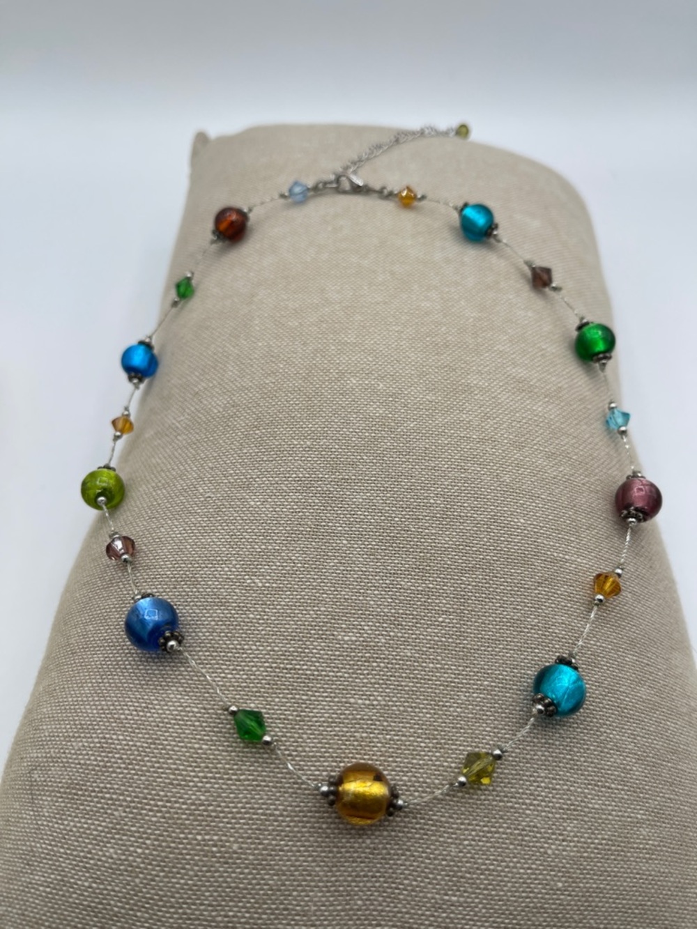 Multicolor Dichroic Glass Bead Station Necklace Silver Tone Adj Chain.